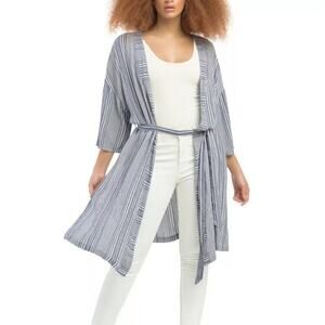 Dex Duster Cardigan Top XS Blue White Striped Belted Coverup Lounge Lagenlook